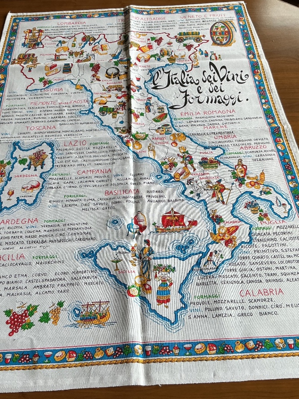 Italian tea towel Italy’s Wines and Cheeses with Landmarks New Never Used